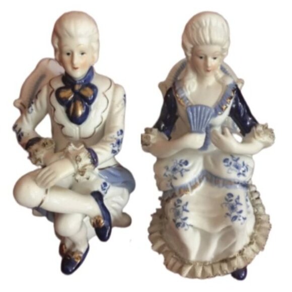 Vintage Porcelain Home Decor Tea Time Table Victorian Couple Figurine Set - Picture 3 of 15